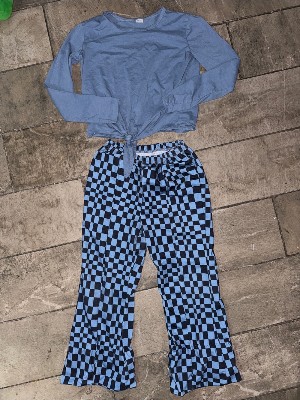 Girls' Blue Long-Sleeve Top & Checker Pajama Set
